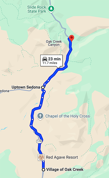 Map of distance from Village of Oak Creek to Oak Creek Canyon